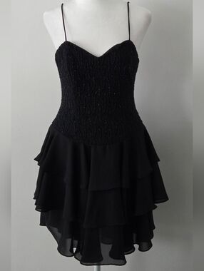 Black Beaded Spaghetti-Strap Tiered Mini Dress